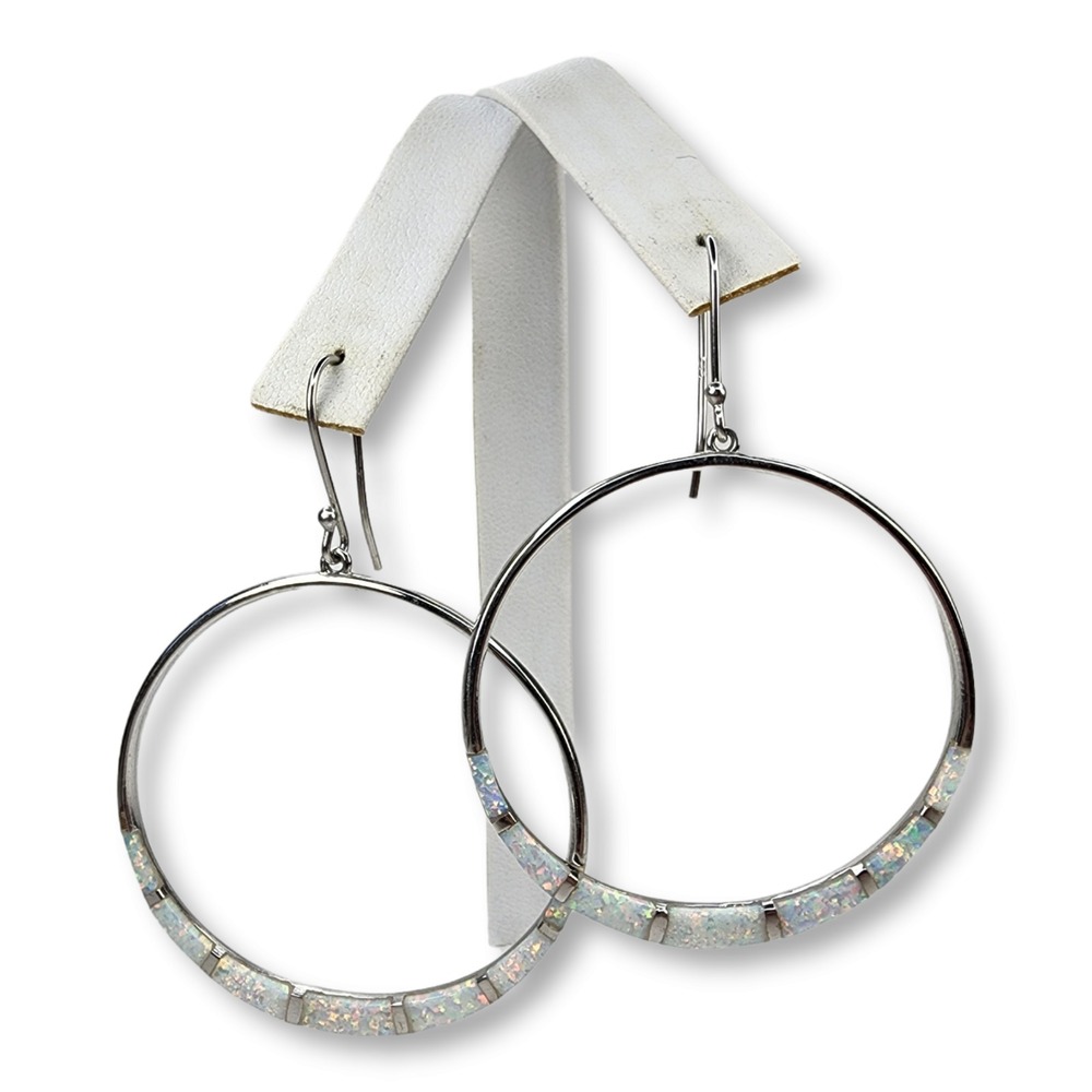 Sterling Silver 925 Southwestern Faux Opal Channel Inlay Large Hoop Earrings - Picture 3 of 9